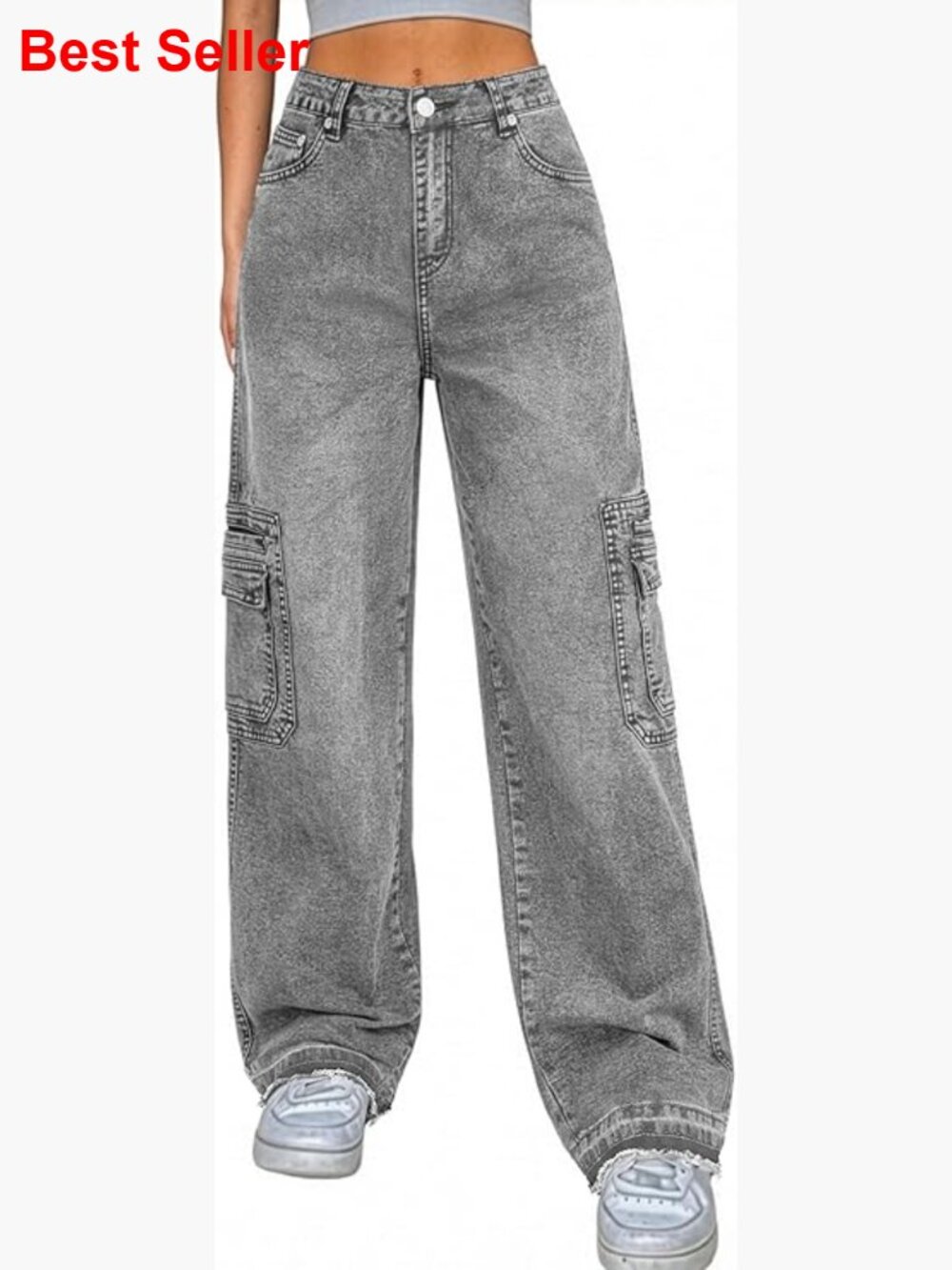 Stretchy Wide Leg Cargo Jeans With Utility Pockets